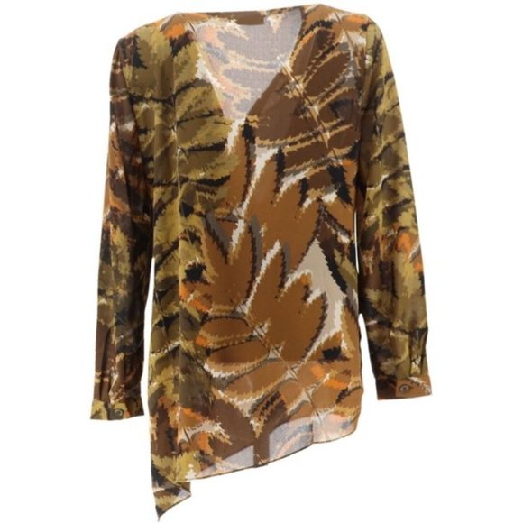 NWT SUSAN GRAVER PRINTED FEATHER WEAVE TUNIC ASYMMETRICAL HEM‎ OLIVE 4 - Picture 3 of 9